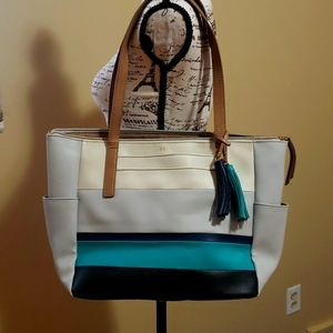Relic taupe beige blue and teal handbag